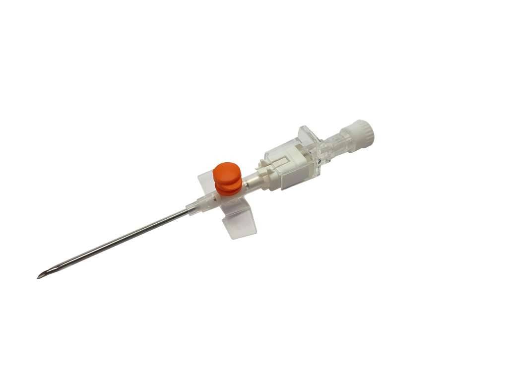 Cannula IV Terumo Versatus alata e con porte arancione da 14G da 1,75 pollici